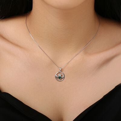 Grá Collection Round Claddagh With Stone Pendant Sterling Silver